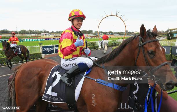 Winona Costin on Ronstar returns to scale after winning race 1 during Sydney Racing at Rosehill Gardens on June 2, 2018 in Sydney, Australia.