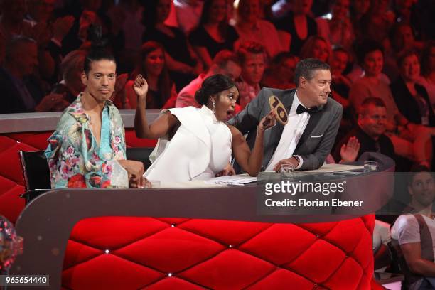 Jorge Gonzalez, Motsi Mabuse and Joachim Llambi during the semi finals of the 11th season of the television competition 'Let's Dance' on June 1, 2018...