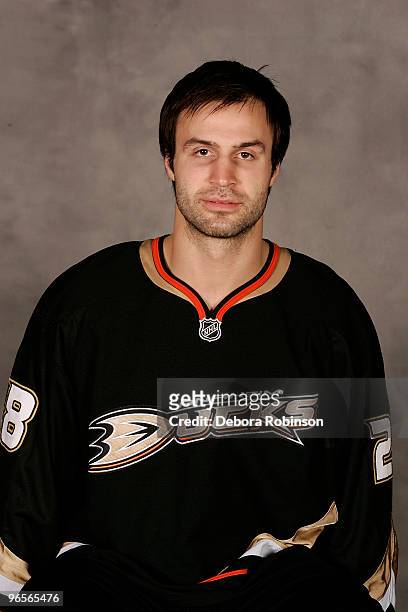 Kyle Chipchura of the Anaheim Ducks poses for a portrait prior to the game against the Edmonton Oilers on February 10, 2010 at Honda Center in...