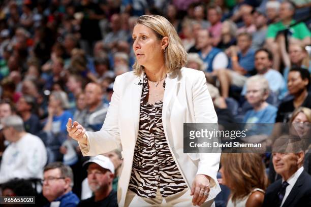Head Coach Cheryl Reeve of the Minnesota Lynx looks on during the game against the Phoenix Mercury on June 1, 2018 at Target Center in Minneapolis,...