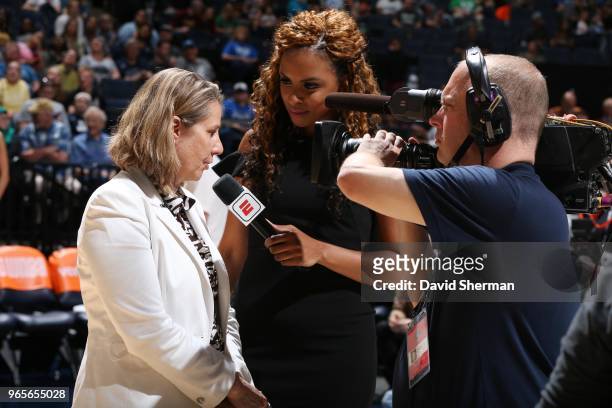 Head Coach Cheryl Reeve of the Minnesota Lynx talks to the media during the game against the Phoenix Mercury on June 1, 2018 at Target Center in...
