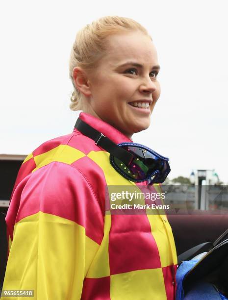 Winona Costin look on after winning race 1 on Ronstar during Sydney Racing at Rosehill Gardens on June 2, 2018 in Sydney, Australia.