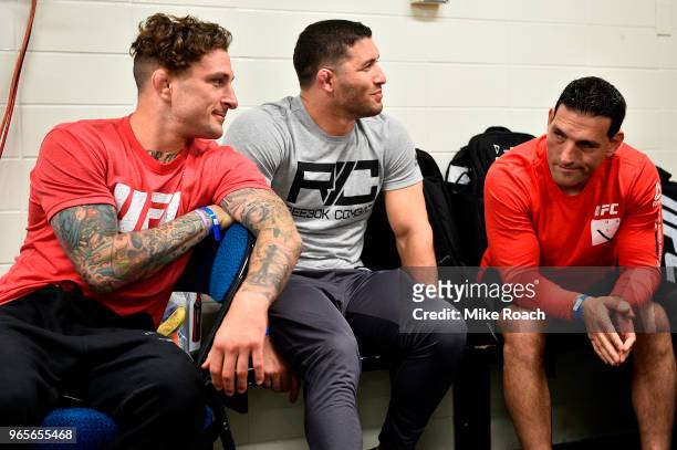 Gregor Gillespie waits backstage with his team during the UFC Fight Night event at the Adirondack Bank Center on June 1, 2018 in Utica, New York.