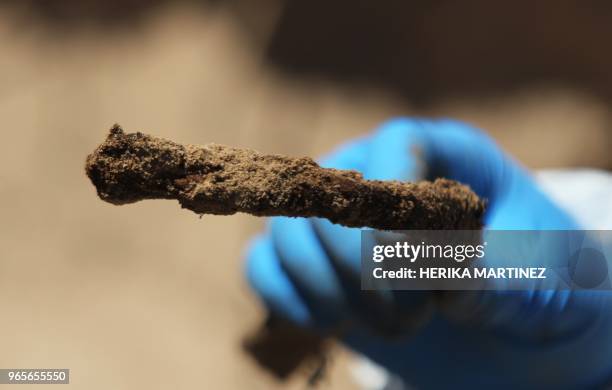 Forensic personnel from the Chihuahua Public Prosecutor's Office show part of their work at a clandestine grave where the remains of a person, minus...