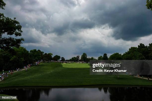 Course scenic view as storm clouds roll in over the 10th hole during the second round of the Memorial Tournament presented by Nationwide at Muirfield...