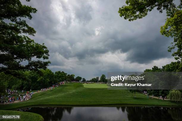 Course scenic view as storm clouds roll in over the 10th hole during the second round of the Memorial Tournament presented by Nationwide at Muirfield...