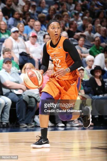Briann January of the Phoenix Mercury handles the ball against the Minnesota Lynx on June 1, 2018 at Target Center in Minneapolis, Minnesota. NOTE TO...