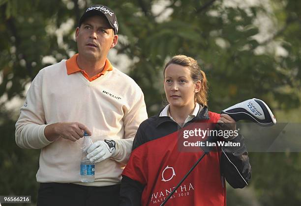 David Howell of England looks on during Round One of the Avantha Masters held at The DLF Golf and Country Club on February 11, 2010 in New Delhi,...