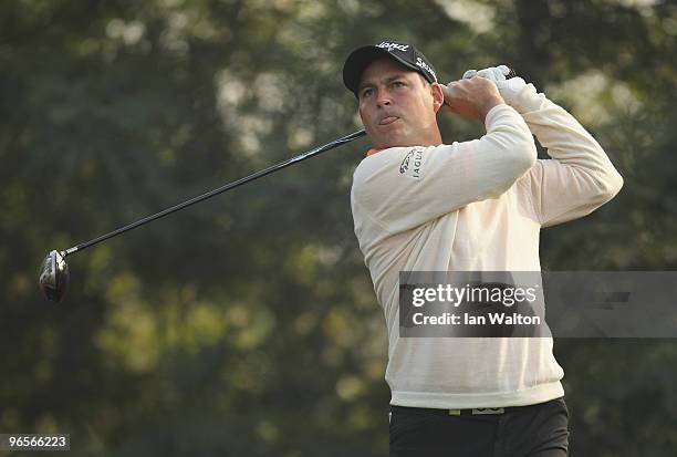 David Howell of England in action during Round One of the Avantha Masters held at The DLF Golf and Country Club on February 11, 2010 in New Delhi,...