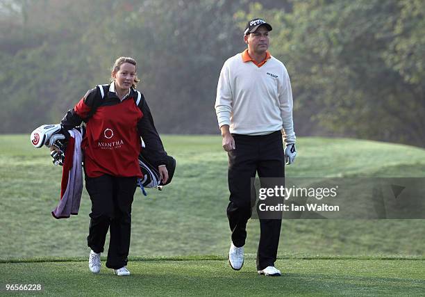 David Howell of England looks on during Round One of the Avantha Masters held at The DLF Golf and Country Club on February 11, 2010 in New Delhi,...