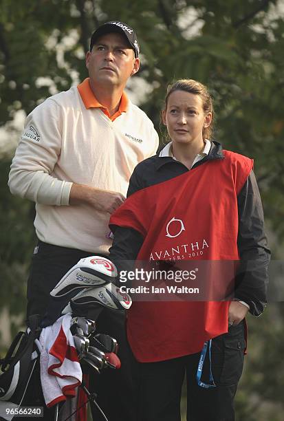 David Howell of England looks on during Round One of the Avantha Masters held at The DLF Golf and Country Club on February 11, 2010 in New Delhi,...