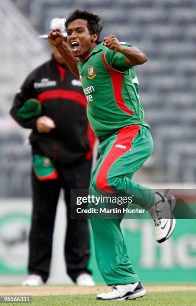 Rubel Hossain of Bangladesh celebrates bowling Brendon McCullum of New Zealand during the third One Day International match between the New Zealand...