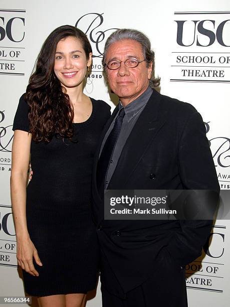 Actors Lymari Nadal and Edward James Olmos arrive for the Robert Redford Award for Engaged Artists Gala at The Beverly Wilshire Hotel on February 10,...