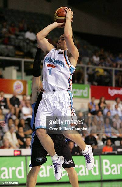 Adam Gibson of the Blaze shoots during the round 20 NBL match between the New Zealand Breakers and the Gold Coast Blaze at North Shore Events Centre...