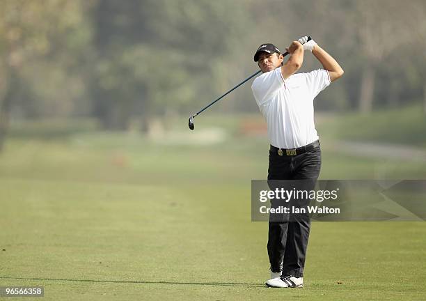 Terry Pilkadaris of Australia in action during Round One of the Avantha Masters held at The DLF Golf and Country Club on February 11, 2010 in New...