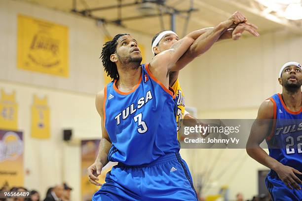 Rodney Webb of the Tulsa 66ers boxes out against Ryan Forehan-Kelly of the Los Angeles D-Fenders at Toyota Sports Center on February 10, 2010 in El...