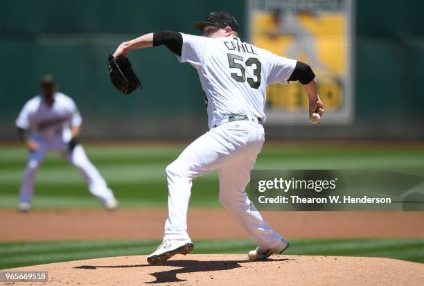 Trevor Cahill of the Oakland Athletics pitches against the Tampa Bay Rays in the top of the first inning at the Oakland Alameda Coliseum on May 28,...