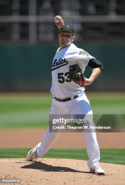 Trevor Cahill of the Oakland Athletics pitches against the Tampa Bay Rays in the top of the first inning at the Oakland Alameda Coliseum on May 28,...