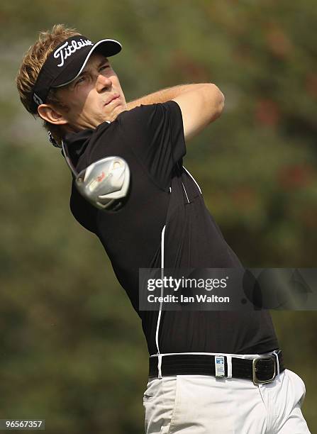 Mark Haastrup of Denmark in action during Round One of the Avantha Masters held at The DLF Golf and Country Club on February 11, 2010 in New Delhi,...