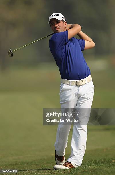 John Parry of England in action during Round One of the Avantha Masters held at The DLF Golf and Country Club on February 11, 2010 in New Delhi,...