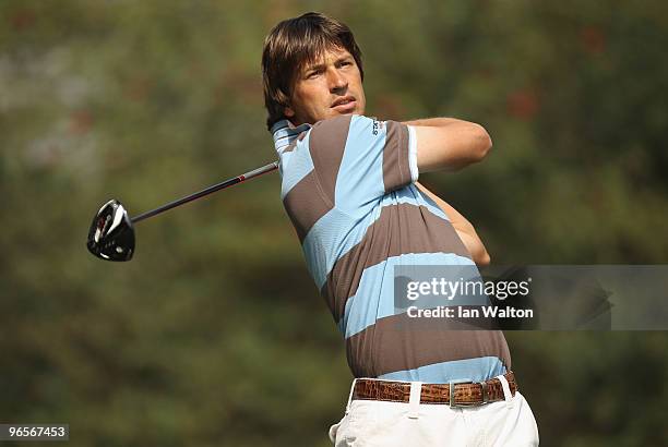 Robert-Jan Derksen of The Netherlands in action during Round One of the Avantha Masters held at The DLF Golf and Country Club on February 11, 2010 in...