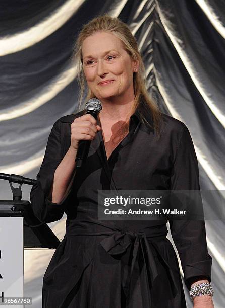 Actress Meryl Streep speaks onstage at the amfAR New York Gala co-sponsored by M.A.C Cosmetics at Cipriani 42nd Street on February 10, 2010 in New...