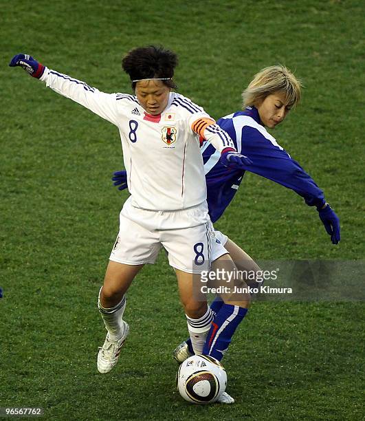 Aya Miyama of Japan in action during the East Asian Football Federation Women's Football Championship 2010 match between Japan and Chinese Taipei at...