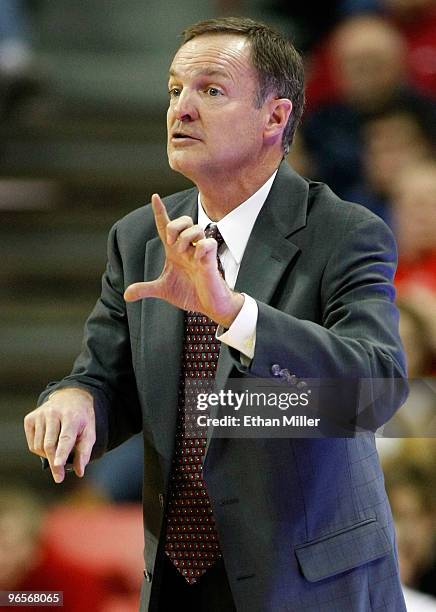 Rebels head coach Lon Kruger gestures to his players during their 76-66 loss to the New Mexico Lobos at the Thomas & Mack Center February 10, 2010 in...