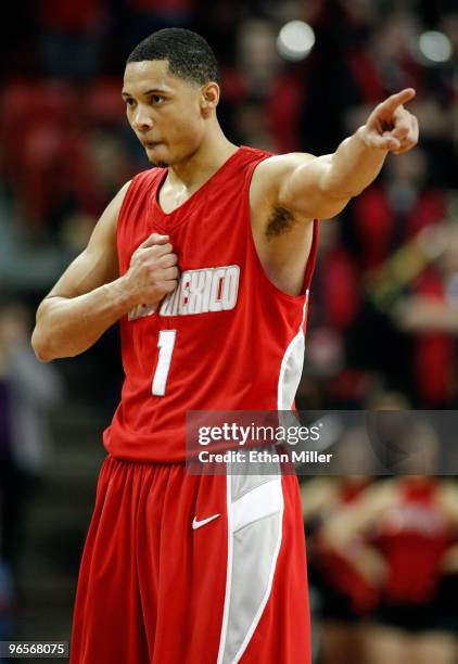 Darington Hobson of the New Mexico Lobos gestures on the court during the team's 76-66 victory over the UNLV Rebels at the Thomas & Mack Center...