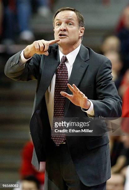 Rebels head coach Lon Kruger gestures to his players during their 76-66 loss to the New Mexico Lobos at the Thomas & Mack Center February 10, 2010 in...