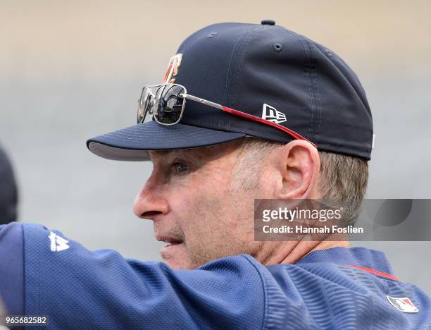 Manager Paul Molitor of the Minnesota Twins looks on during batting practice before the game against the Detroit Tigers on May 22, 2018 at Target...