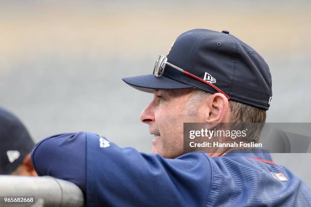 Manager Paul Molitor of the Minnesota Twins looks on during batting practice before the game against the Detroit Tigers on May 22, 2018 at Target...