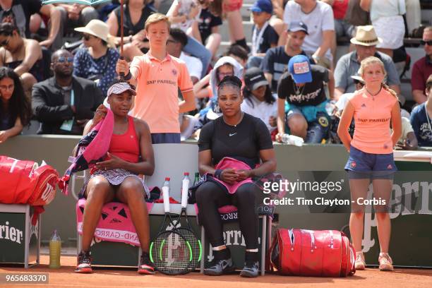 May 30. French Open Tennis Tournament - Day Four. Serena Williams of the United States and Venus Williams of the United States during their match...