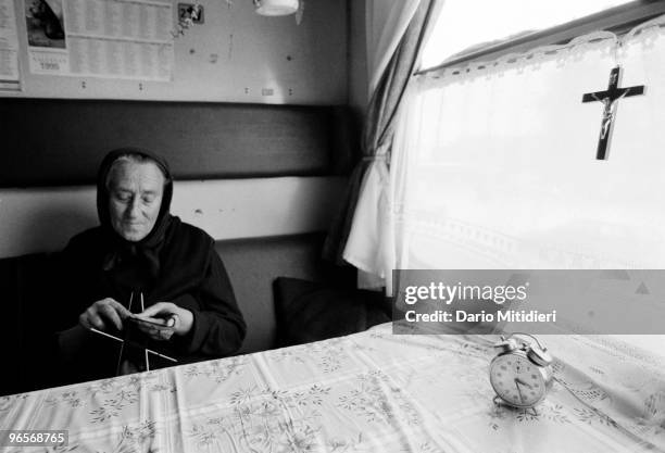 Magdalena Simic, an internal refugee from Vukovar, is sitting in her temporary home, a train car in the city of Vinkovci, former Yugoslavia, on...