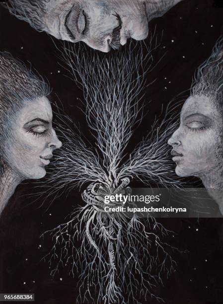 symbolic portrait of a man and two women in love with him - back stabbed stock illustrations