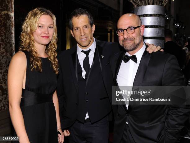 Actress Julia Stiles, designer Kenneth Cole and actor Stanley Tucci attend the amfAR New York Gala co-sponsored by M.A.C Cosmetics at Cipriani 42nd...