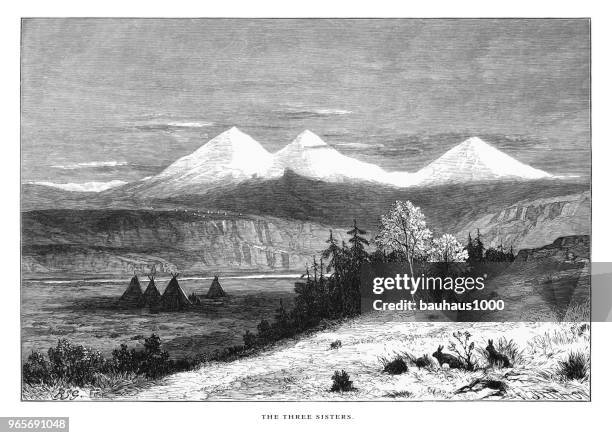 three sisters, cascade range, oregon, united states, american victorian engraving, 1872 - early american western art stock illustrations