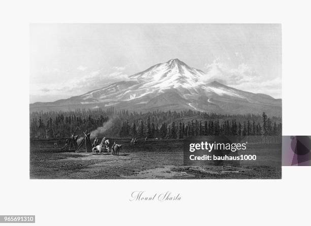 mount shasta, cascade range, northern california, united states, american victorian engraving, 1872 - early american western art stock illustrations