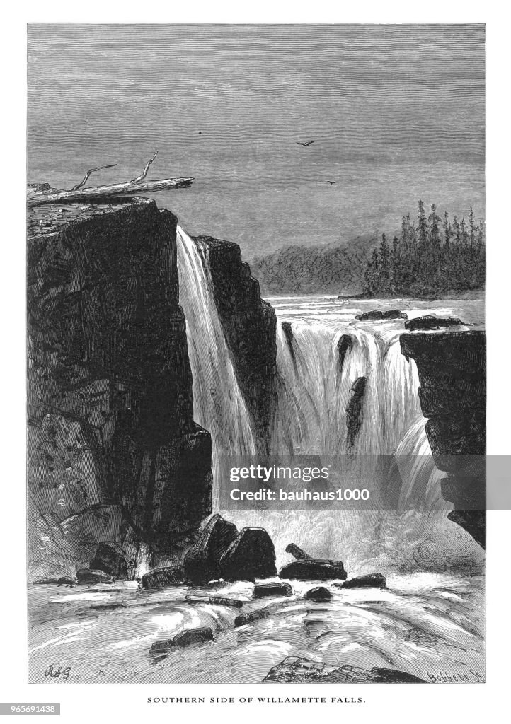Falls of the Willamette, Cascade Range, Oregon, United States, American Victorian Engraving, 1872