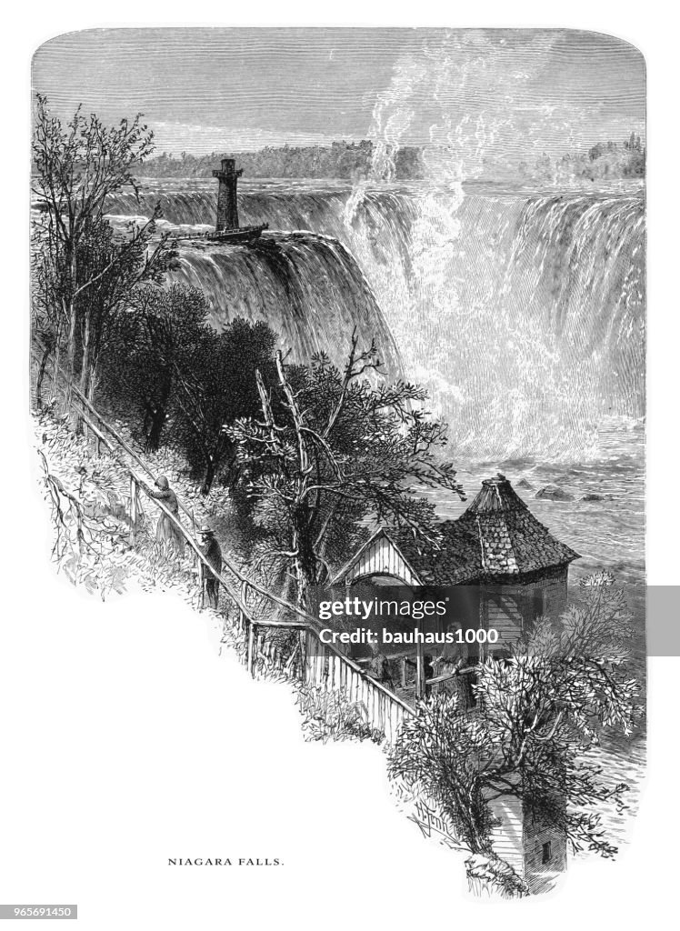 Southern Side of Willamette Falls, Cascade Range, Oregon, United States, American Victorian Engraving, 1872