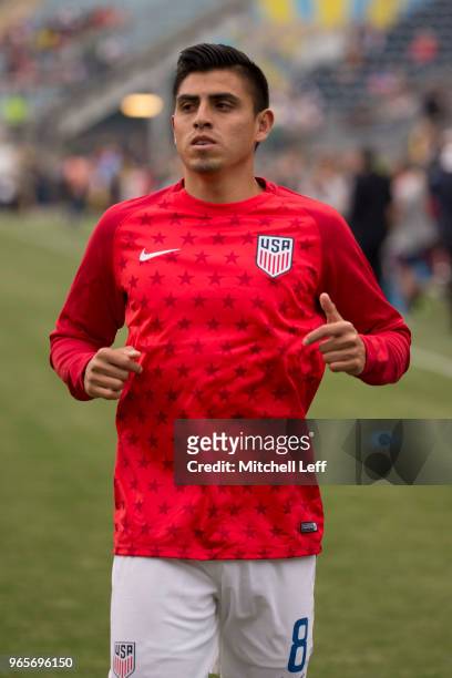 Joe Corona of the United States warms up prior to the friendly soccer match against Bolivia at Talen Energy Stadium on May 28, 2018 in Chester,...