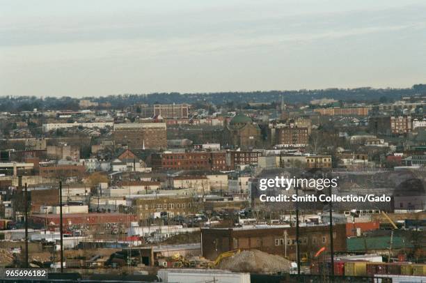 Aerial view of densely populated neighborhoods with row houses on the outskirts of Newark, New Jersey, March 18, 2018.