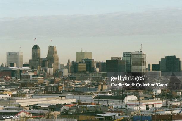 Urban skyline of Newark, New Jersey, including industrial areas, at dawn, March 18, 2018.
