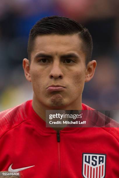 Rubio Rubin of the United States stands for the anthems prior to the friendly soccer match against Bolivia at Talen Energy Stadium on May 28, 2018 in...