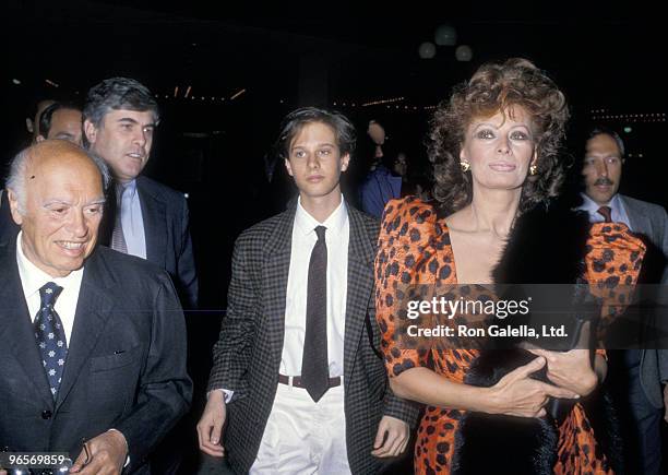 Actress Sophia Loren, husband producer Carlo Ponti and son Edoardo Ponti attend the "Fortunate Pilgrime" Century City Premiere on March 31, 1988 at...