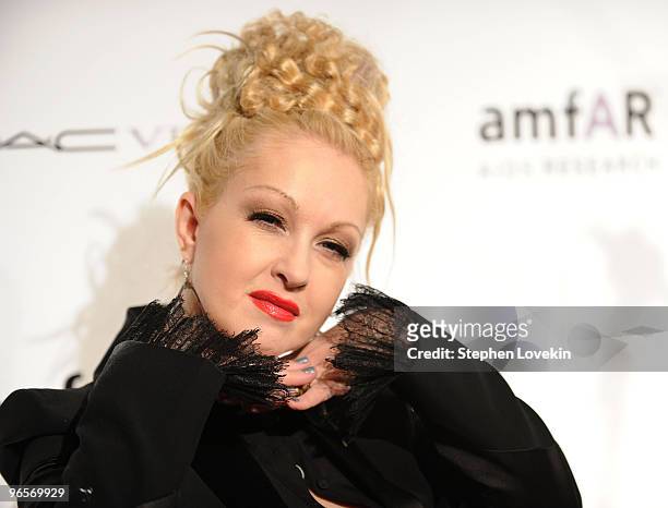 Singer Cyndi Lauper attends the amfAR New York Gala co-sponsored by M.A.C Cosmetics at Cipriani 42nd Street on February 10, 2010 in New York, New...