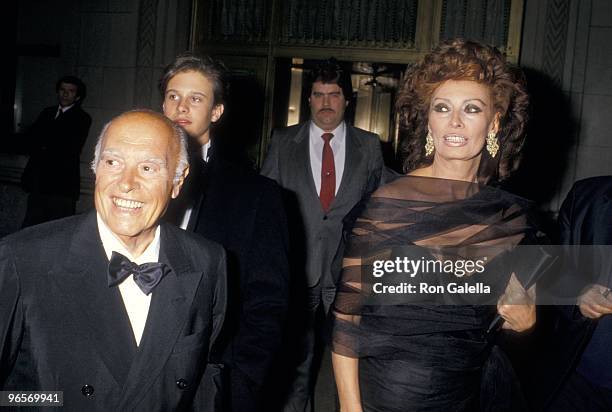 Actress Sophia Loren, husband producer Carlo Ponti and son Edoardo Ponti attend the "Fortunate Pilgrim" New York City Premiere on March 28, 1988 at...