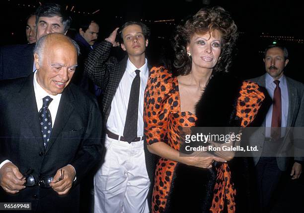 Actress Sophia Loren, husband producer Carlo Ponti and son Edoardo Ponti attend the "Fortunate Pilgrime" Century City Premiere on March 31, 1988 at...