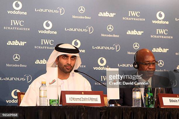 Edwin Moses of the USA The Chairman of the Laureus World Sports Academy with His Excellency Mohammed Ibrahim Al Mahmood The Secretary General of the...