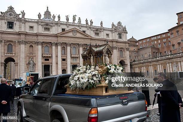 The reliquary of St Bernadette Soubirous is carried on a car during a procession on St Peter's square at The Vatican ending at St Peter's basilica...